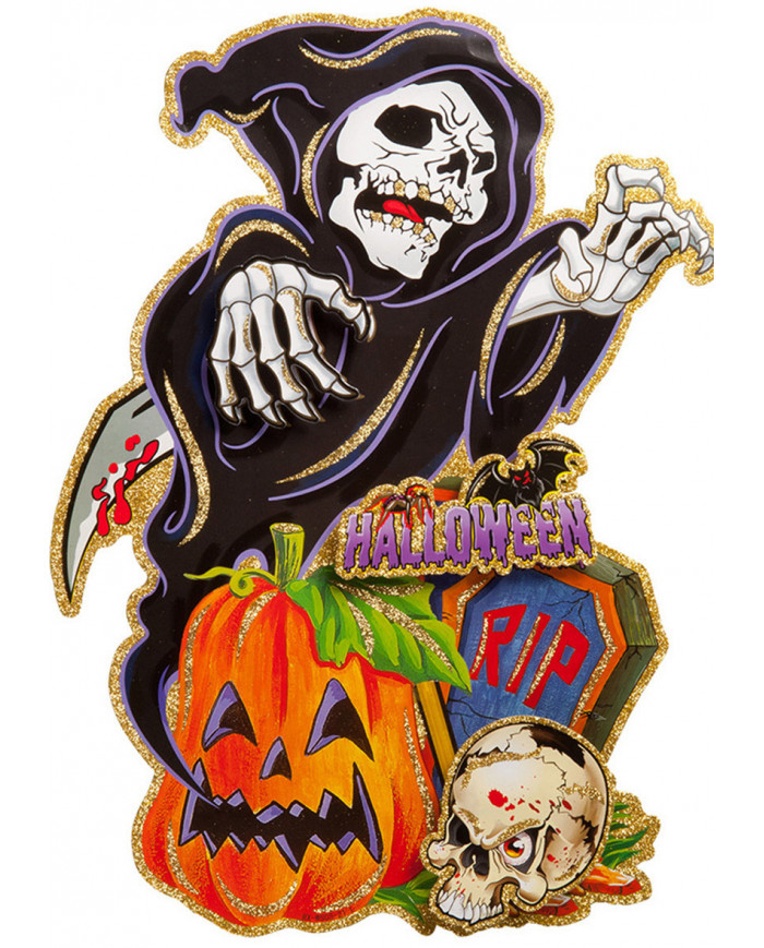 Póster muerte de papel en relieve con purpurina de unos 40x30 cm de