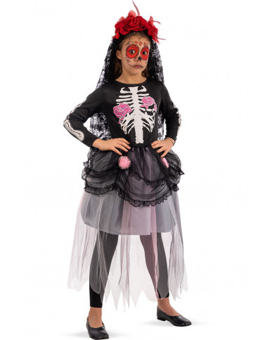 Costume da sposa scheletro per bambina. Composto un abito nero
