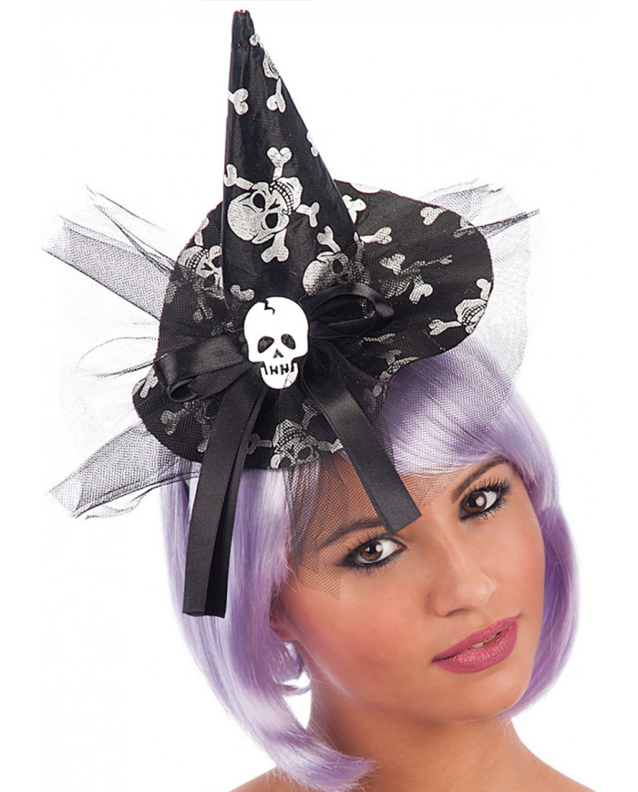 Black Witch Hat W/Skulls And Veil W/Headband H. Cm. 16