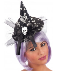 Black Witch Hat W/Skulls And Veil W/Headband H. Cm. 16