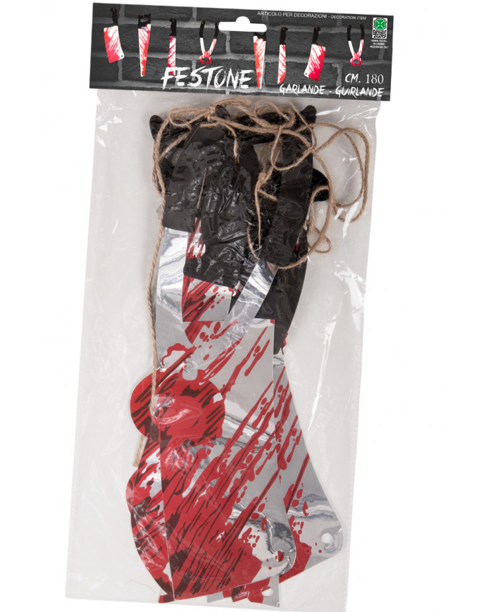 A really disturbing garland made of a rope with hanging bloody