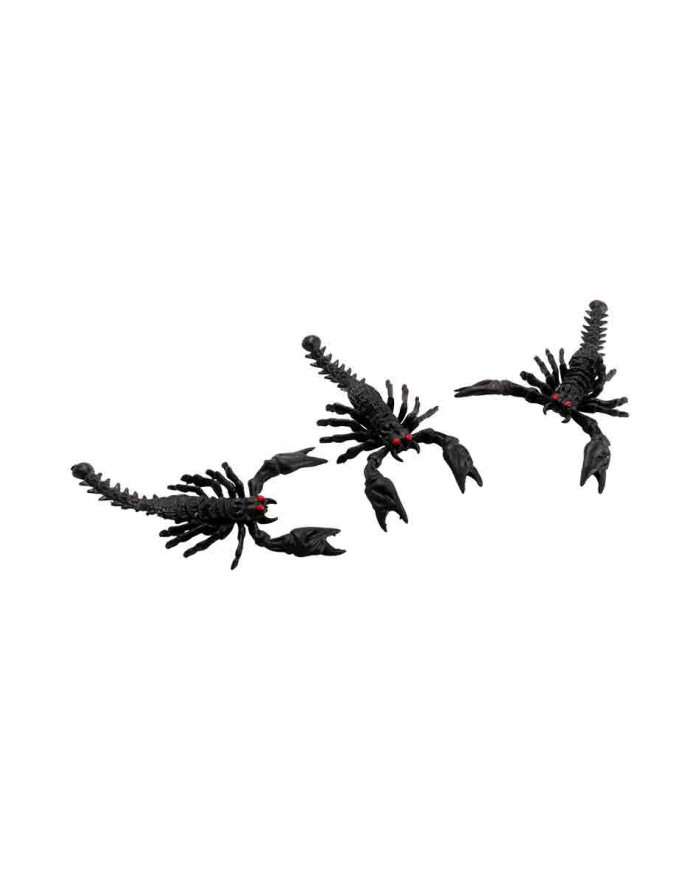 Pack containing 3 terrifying black scorpions with red eyes and