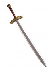 Plastic sword with brown handle with gold details and grey