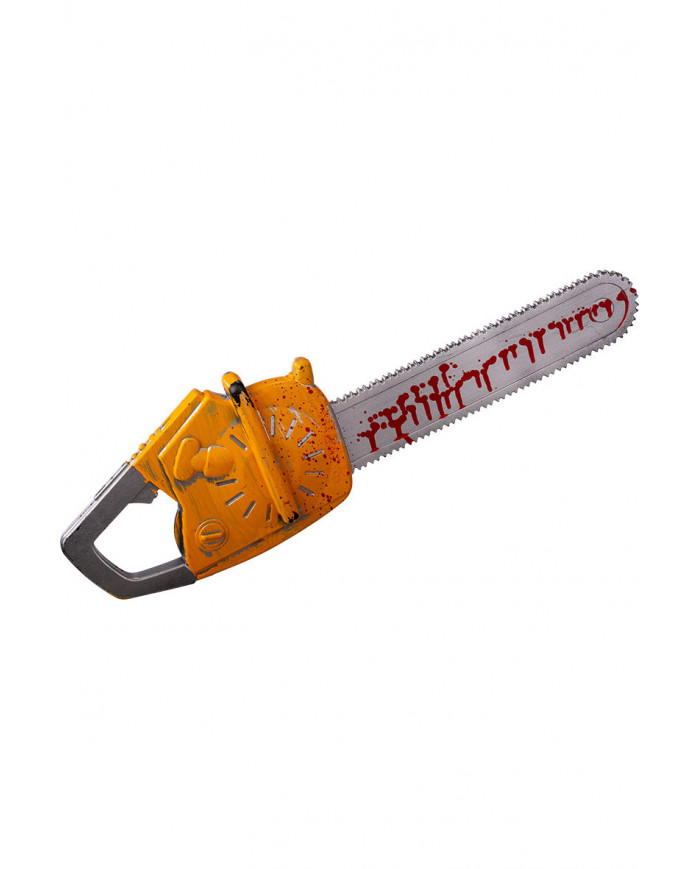 Plastic chainsaw with bloody blade, creepy accessory to