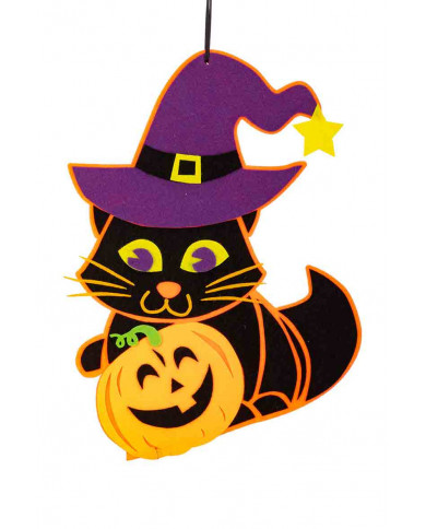 Felt hanging decoration with black kitten with purple witch hat