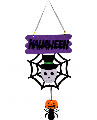Hanging felt spiderweb with applied skeleton, nice decoration Hanging felt spiderweb with applied skeleton, nice decoration