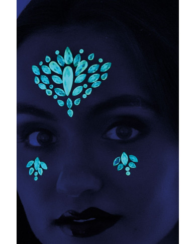 Adhesive face decorations composed of crystals that glow in the