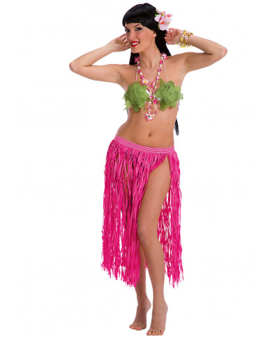Falda Hawaii rosa fluorescente de rafia de unos 70 cm de largo en