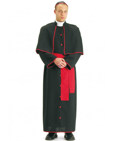 Priest costume with fabric dress, cape, belt and headpiece.