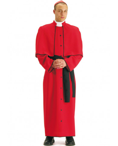Cardinal costume with fabric dress, cape, belt and headpiece.