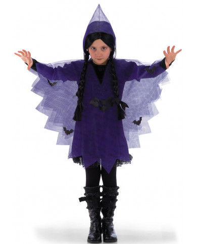 Mantello in tulle viola con cappuccio e applicazioniLunghezza
