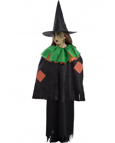 Black cape for kid with fringes and green/orange collar in Black cape for kid with fringes and green/orange collar in