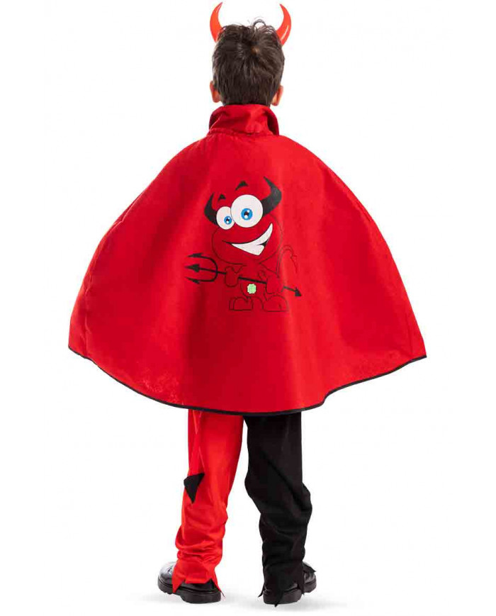 Red felt cape with black collar and devil print for children.