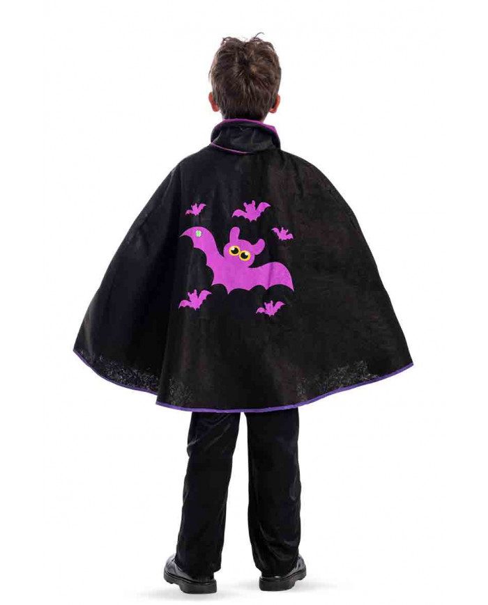 Black felt cape with purple collar and bats print for children. Black felt cape with purple collar and bats print for children.