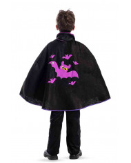 Black felt cape with purple collar and bats print for children. Black felt cape with purple collar and bats print for children.