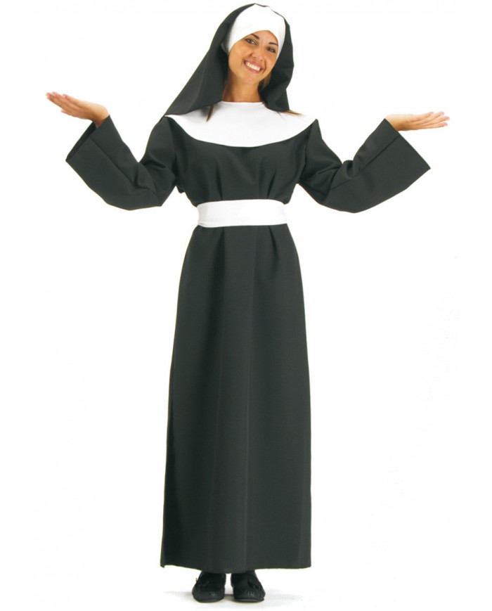 Nun costume with fabric dress and headpiece.