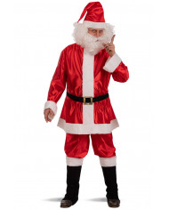Santa's satin costume with hood, belt, cover boots, beard and