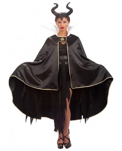 Black satin cape with golden decorations and white collar