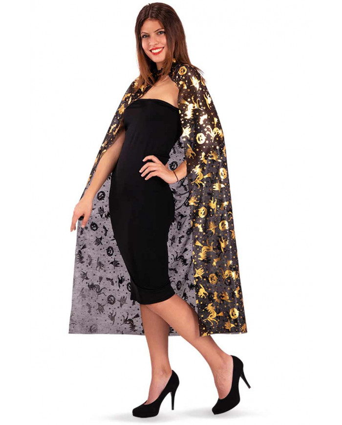 Black jersey cape with gold prints, ideal to compliment a