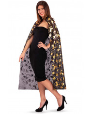 Mantello in tessuto trasparente nero decorato con stampe oro a