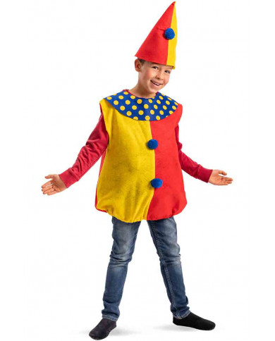 Costume in panno da clown multicolore: rosso, giallo, blu, con Costume in panno da clown multicolore: rosso, giallo, blu, con