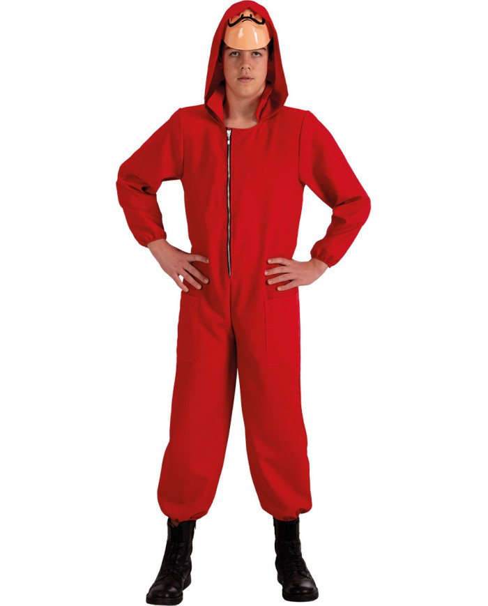 Red fabric jumpsuit with hood for kid, one size VII/VIII.