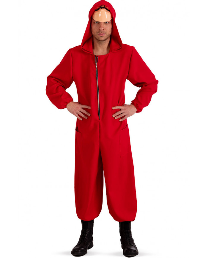 Red fabric jumpsuit with hood for man, one size M/L.