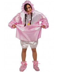 Pink baby satin dress with bib and cap, one size M/L.