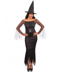 Witch costume composed by stretchy dress with veil and hat, one