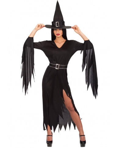 Witch costume with stretchy dress, hat and belt, one size S/M/L.