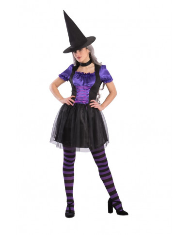 Witch costume with satin and veil dress, hat and collar, one