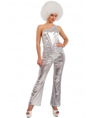Disco dance costume composed of a silver jumpsuit in lurex