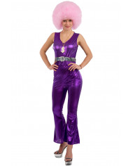 Disco dance costume composed of a purple jumpsuit in lurex