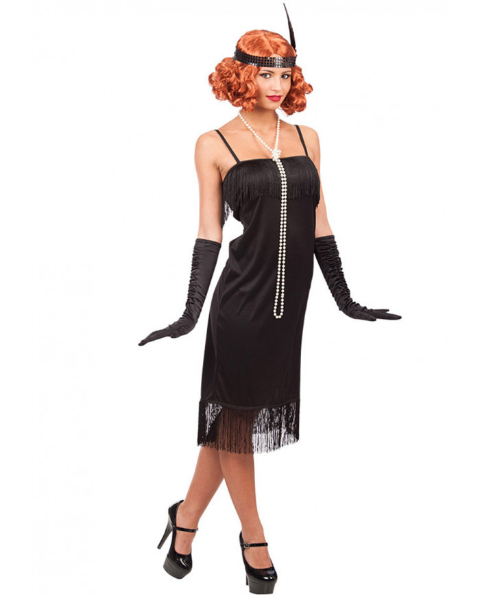 Charleston costume with fringed stretchy dress and feather
