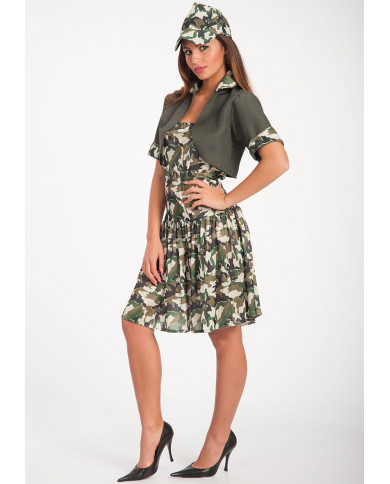 Lady soldier costume with stretchy dress and shrug, hat, one