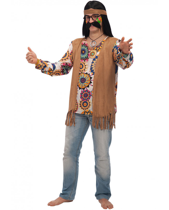 Hippie costume with printed taffetas shirt, velvet waistcoat Hippie costume with printed taffetas shirt, velvet waistcoat