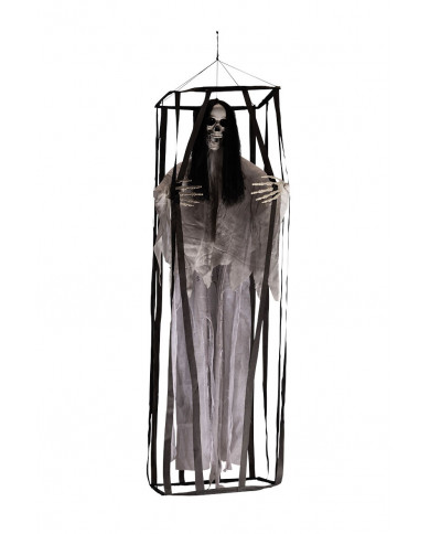 Captive skeleton with white tunic and black hood inside a black Captive skeleton with white tunic and black hood inside a black