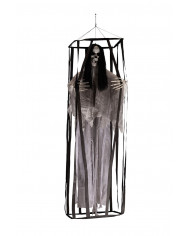 Captive skeleton with white tunic and black hood inside a black Captive skeleton with white tunic and black hood inside a black