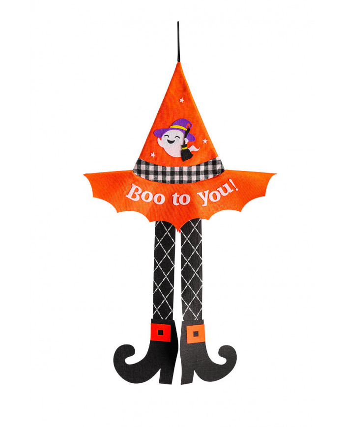 Hanging decoration in orange fabric in the shape of a witch's