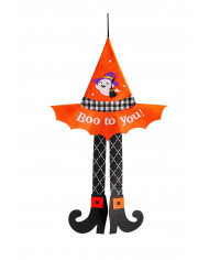 Hanging decoration in orange fabric in the shape of a witch's