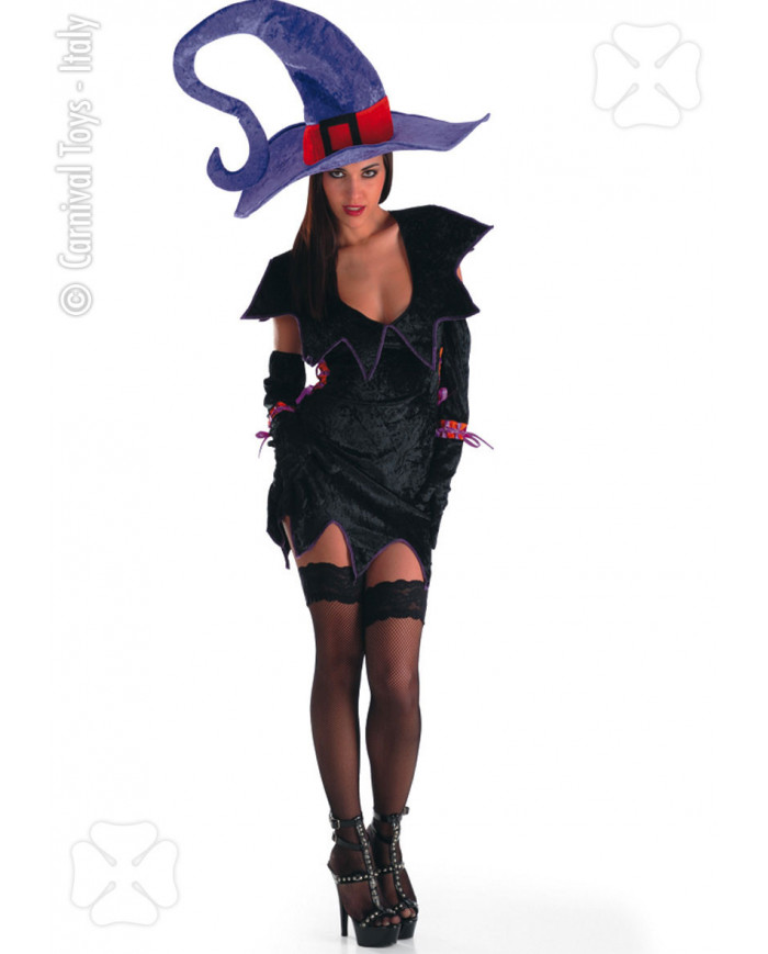 Witch costume with velvet dress, hat and gloves. Witch costume with velvet dress, hat and gloves.