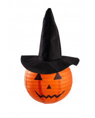 Orange paper lantern with pumpkin face and witch hat in black Orange paper lantern with pumpkin face and witch hat in black