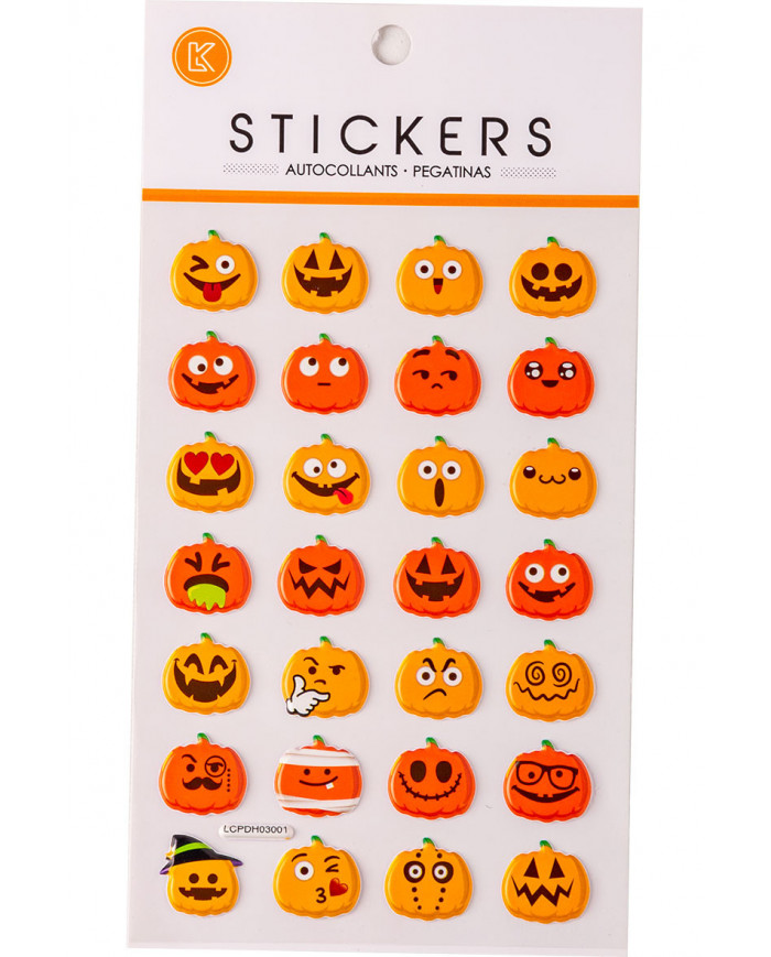 28 3D plastic stickers in the shape of a pumpkin with various