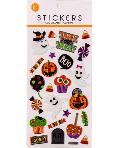 25 horror-themed plastic stickers with glitter and metallic
