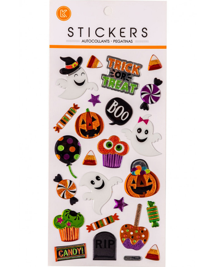 25 horror-themed plastic stickers with glitter and metallic