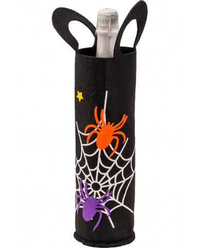 Bottle holder bag in black felt with spider web h.cm.39