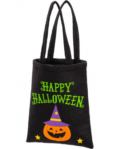 Black felt bag with pumpkin and HAPPY HALLOWEEN writing Black felt bag with pumpkin and HAPPY HALLOWEEN writing