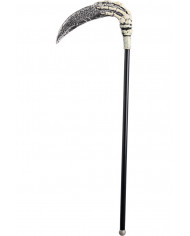 Plastic scythe with black handle, silver blade and skeleton