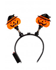 Plastic headband with two luminous pumpkins with hats, which