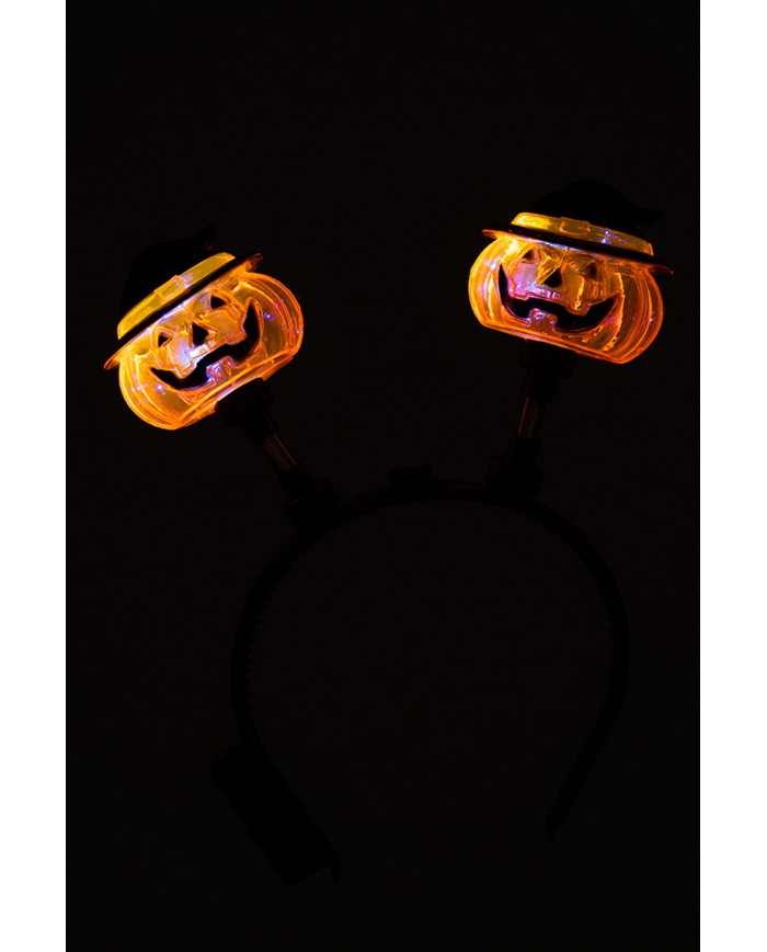 Plastic headband with two luminous pumpkins with hats, which